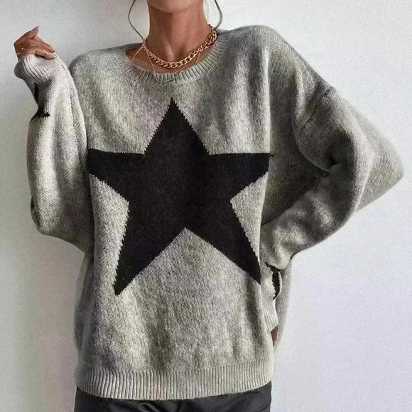 Grey Casual Women's Drop Shoulder Star Pattern Sweater - Picture 4 of 6
